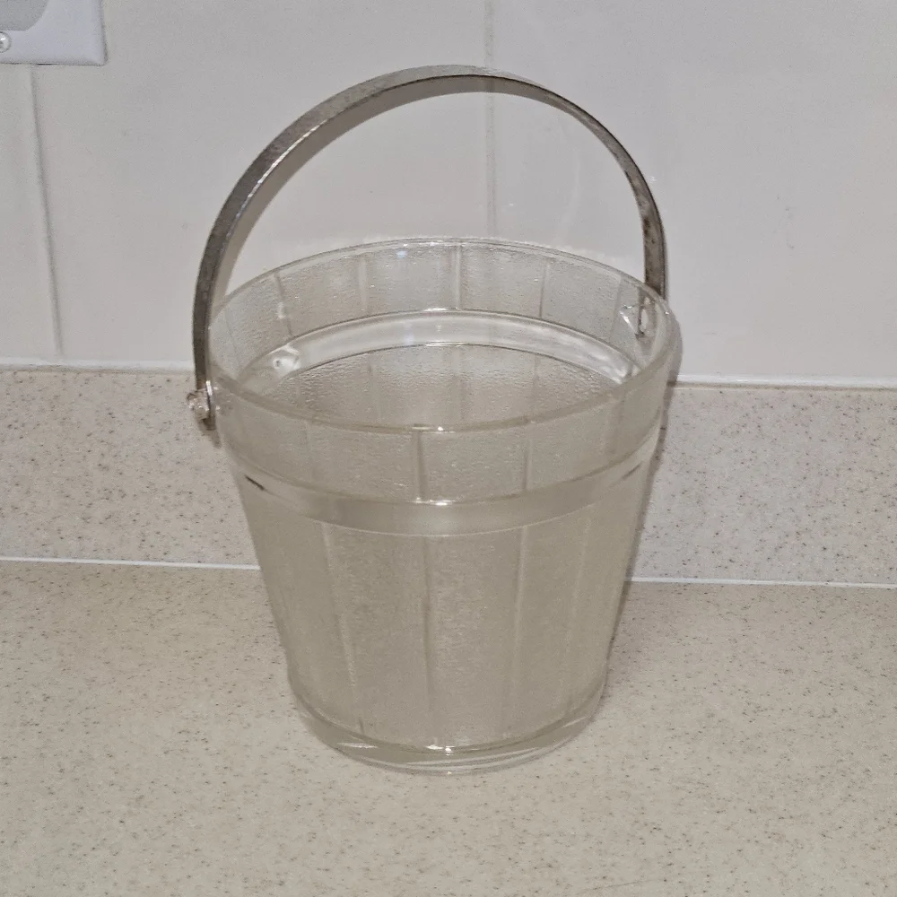Vintage Anchor Hocking Ice Bucket Frosted Glass Hammered Metal Handle 1960’s